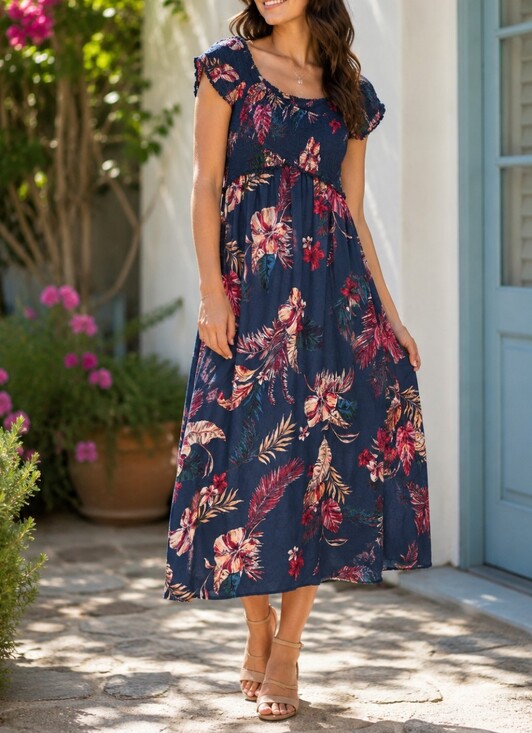 Patrons of Peace Dresses & Skirts - Patrons of Peace Navy Tropical Floral Smocked Off-Shoulder Maxi Dress Boho Rayon